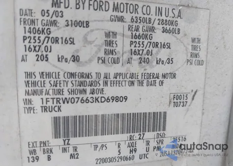 2003 Ford F-150 Lariat/Xlt z USA, uszkodzony, nr VIN 1FTRW07663KD69809